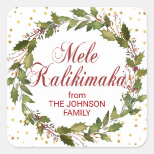 Mele Kalikimaka Holly Wreath Gold Red White Vierkante Sticker