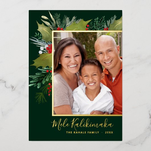 Mele Kalikimaka Kerstmis Holly Foto Folie Kaart (Voorkant)