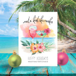 Mele Kalikimaka Kerstparty Kaart<br><div class="desc">De uitnodiging voor het zee van het thema Kerstmis van het tropische waterverf bevat een zonsondergang op het strand,  feestelijke cocktails,  hibiscus bloemen en palmbladeren met een "Mele Kalikimaka"-onderschrift in handgeschreven stijl. Ideaal voor strand-,  tropische,  Hawaiiaanse,  luau- en Tiki-feestdagen.</div>