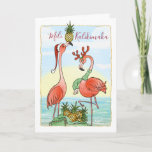 Mele Kalikimaka Kerstroze Flamingo  Feestdagen Kaart<br><div class="desc">Wil je vrienden en familie deze kerst een warme aloha wensen? Hier zijn een aantal zeer unieke en mooie Mele Kalikimaka kerstkaarten ontworpen door Raphaela Wilson. De afbeelding toont twee roze vlammen met feestelijke petten op een warm tropisch strand met mousserende golven van zee. Een tas die overstroomt met gouden...</div>