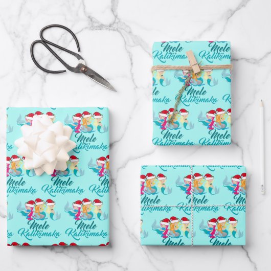 Mele Kalikimaka Mermaid Cute Blauwgroen Beach Kers Inpakpapier Vel (Voorkant)