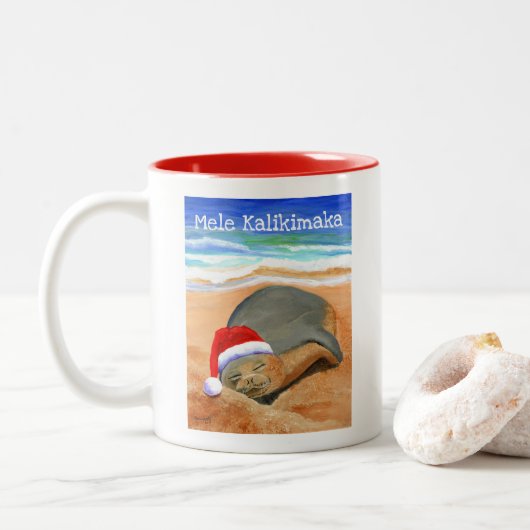 Mele Kalikimaka Monk Seal met Santa Hat Mok (Met donut)