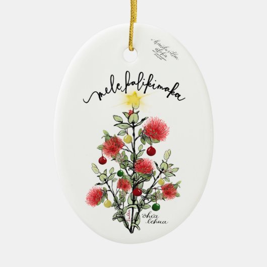 Mele Kalikimaka 'Ohi'a Lehua Merry Kerstboom Keramisch Ornament (Voorkant)