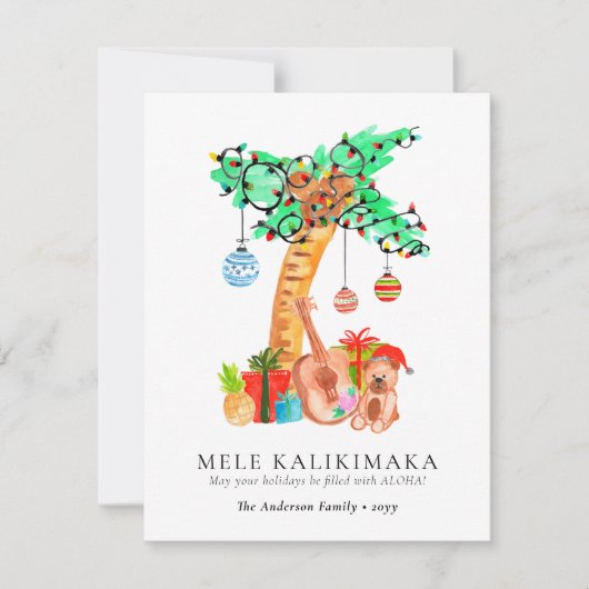 Mele Kalikimaka Palm Guitar Hawaiian Christmas Feestdagenkaart (Voorkant)