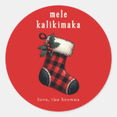 Mele Kalikimaka Red & Black Plaid Stocking Holiday Ronde Sticker (Voorkant)