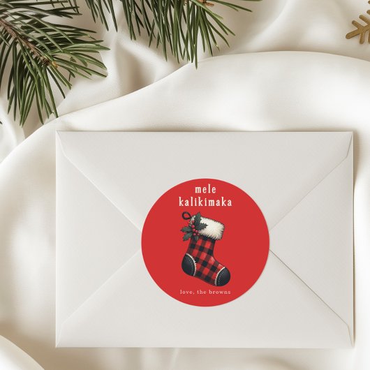 Mele Kalikimaka Red & Black Plaid Stocking Holiday Ronde Sticker