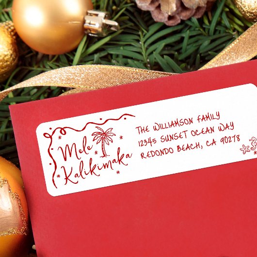 Mele Kalikimaka Red Hand Drawn Christmas Address Etiket