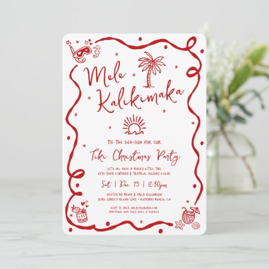 Mele Kalikimaka Red Hand Drawn Doodles Christmas Kaart (Staand voorkant)