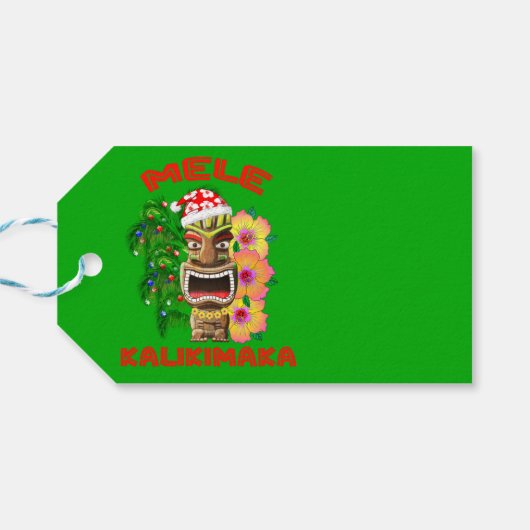 Mele Kalikimaka Santa Claus Tiki Cadeaulabel (Achterkant Horizontaal)