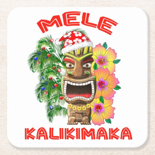 Mele Kalikimaka Santa Claus Tiki Kartonnen Onderzetters (Voorkant)