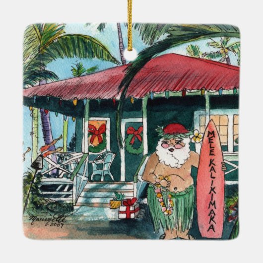 Mele Kalikimaka Santa Kerstplein Keramisch Ornament (Achterkant)