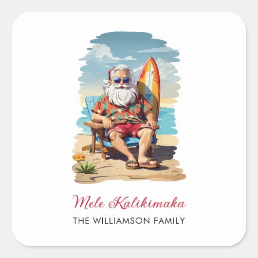 Mele Kalikimaka Santa Surfer Kerstvakantie Vierkante Sticker (Voorkant)