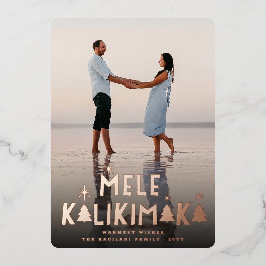 Mele Kalikimaka Stars Moderne kerstbomen Foto Folie Feestdagenkaart (Voorkant)