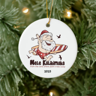 Mele Kalikimaka Surfende Kerstman Hawaiaans Keramisch Ornament