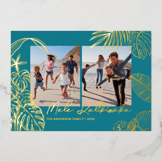 Mele Kalikimaka Teal Photo Collage Christmas Folie Feestdagenkaart (Voorkant)