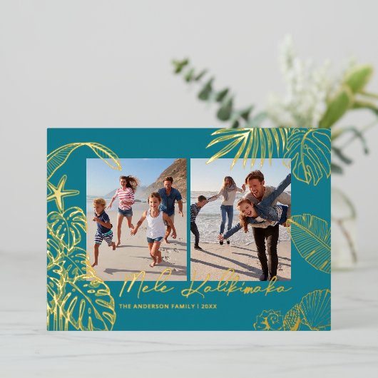 Mele Kalikimaka Teal Photo Collage Christmas Folie Feestdagenkaart (Staand Voorkant)