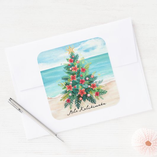 Mele Kalikimaka Tropical Beach Palm Tree Christmas Vierkante Sticker (Envelop)