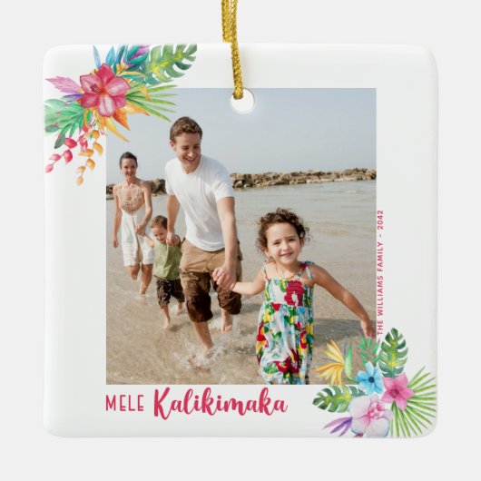 Mele Kalikimaka Tropical Flowers Fotokerstmis Keramisch Ornament (Voorkant)