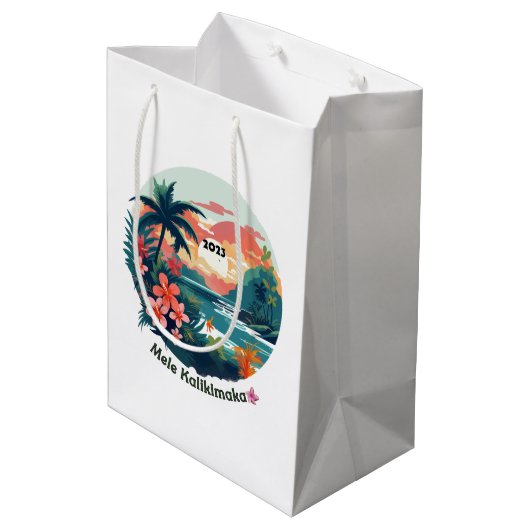 Mele Kalikimaka Tropical Island 2023 Label Medium Cadeauzakje (Achterkant Gekanteld)