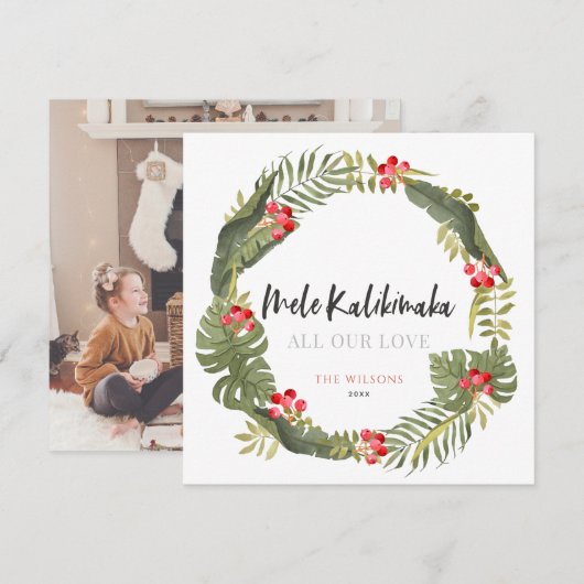 Mele Kalikimaka Tropical Wreath Photo Holiday Kaar Feestdagenkaart (Voorkant / Achterkant)