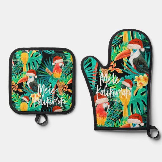 Mele Kalikimaka Tropisch Oerwoud Vogels Ovenwant & Pannenlap Set (Voorkant)