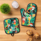 Mele Kalikimaka Tropisch Oerwoud Vogels Ovenwant & Pannenlap Set (Top down)