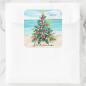 Mele Kalikimaka Tropisch Strand Palmboom Kerstmis Vierkante Sticker (Tas)
