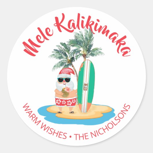 Mele Kalikimaka Tropisch Surfen Kerstman Kerstmis Ronde Sticker (Voorkant)