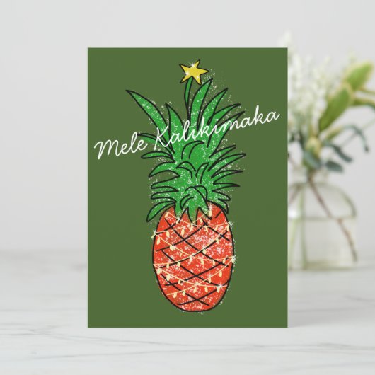 Mele Kalikimaka Tropische ananas met licht Feestdagenkaart (Staand voorkant)