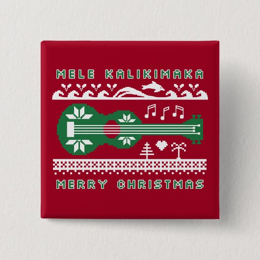 Mele Kalikimaka Ugly Sweater (Green on Red) Button (Voorkant)