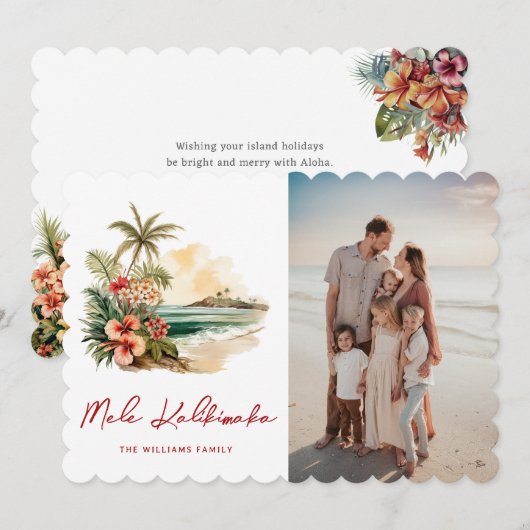 Mele Kalikimaka Waterverf Strand Bloemen Foto Feestdagenkaart (Voorkant / Achterkant)