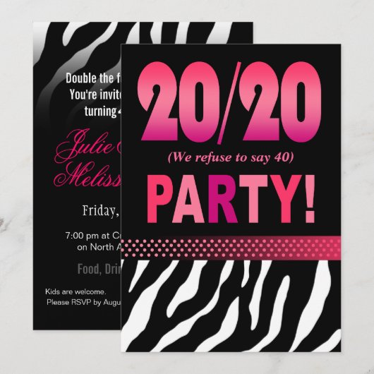 Melissa's Fabulous 20/20 Zebra Birthday Party Kaart (Voorkant / Achterkant)