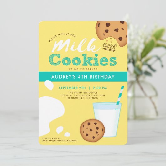 Melk & Chocolade Chip Cookies Uitnodiging voor ver (Staand voorkant)