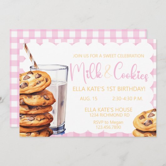 Melk & Cookies Verjaardag Roze Plaid Meisje Verjaa Kaart (Voorkant / Achterkant)