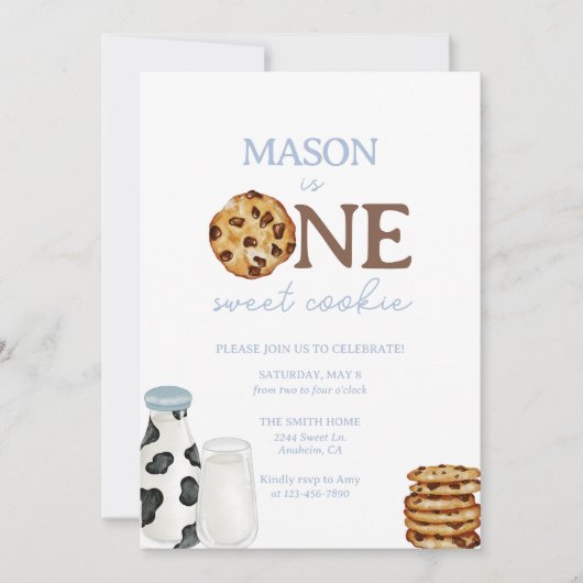 Melk en Cookies Eerste Verjaardagsfeestje Uitnodig Kaart (Voorkant)