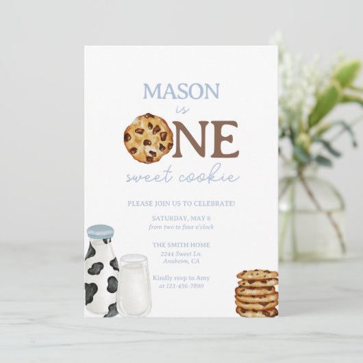 Melk en Cookies Eerste Verjaardagsfeestje Uitnodig Kaart (Staand voorkant)