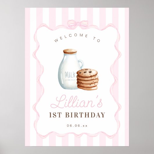 Melk en Cookies Roze Verjaardagsfeestje Welkomstbo Poster (Voorkant)