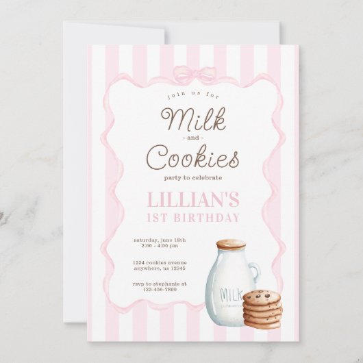 Melk en Cookies Roze Verjaardagsfeestuitnodiging Kaart (Voorkant)