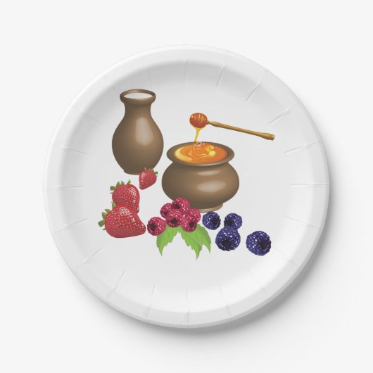 Melk en honing met bessen rustiek eten papieren bordje (Voorkant)