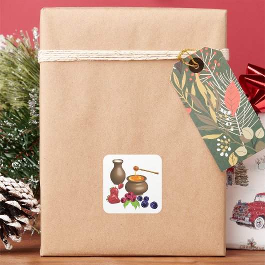 Melk en honing met bessen rustiek eten vierkante sticker