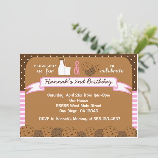 Melk en koekjes Birthday Party nodigt meisjes uit Kaart (Staand voorkant)