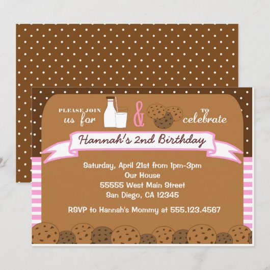 Melk en koekjes Birthday Party nodigt meisjes uit Kaart (Voorkant / Achterkant)
