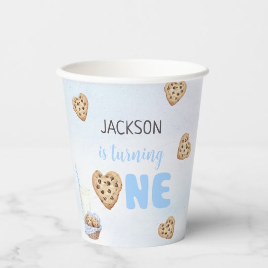 Melk en koekjes Blauw 1e verjaardag partij Papieren Bekers (Voorkant)