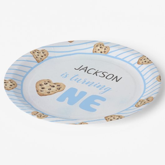 Melk en koekjes Blauw 1e verjaardag partij Papieren Bordje (Gekanteld)