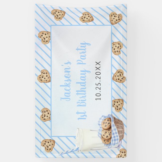 Melk en koekjes Blauw 1e verjaardag partij Spandoek (Verticaal)