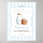 Melk en koekjes Blauw Verjaardagsfeestje Welkomstb Poster (Voorkant)