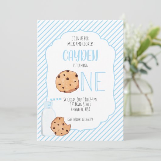 Melk en koekjes blauwe jongen eerste verjaardag kaart (Staand voorkant)