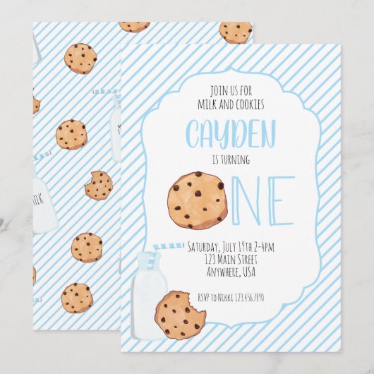 Melk en koekjes blauwe jongen eerste verjaardag kaart (Voorkant / Achterkant)