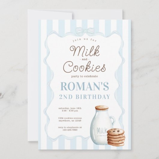Melk en koekjes Blauwe Verjaardagsfeestuitnodiging Kaart (Voorkant)