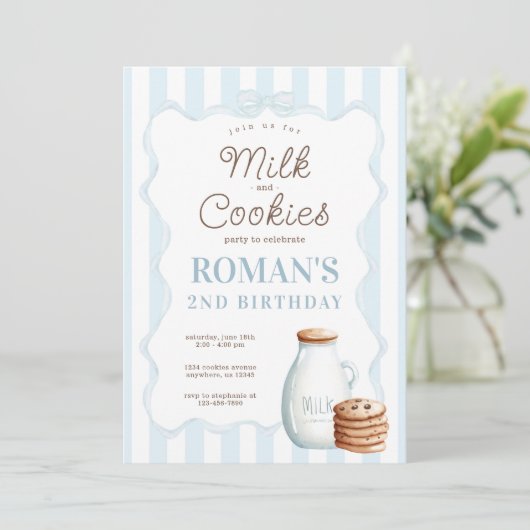 Melk en koekjes Blauwe Verjaardagsfeestuitnodiging Kaart (Staand voorkant)